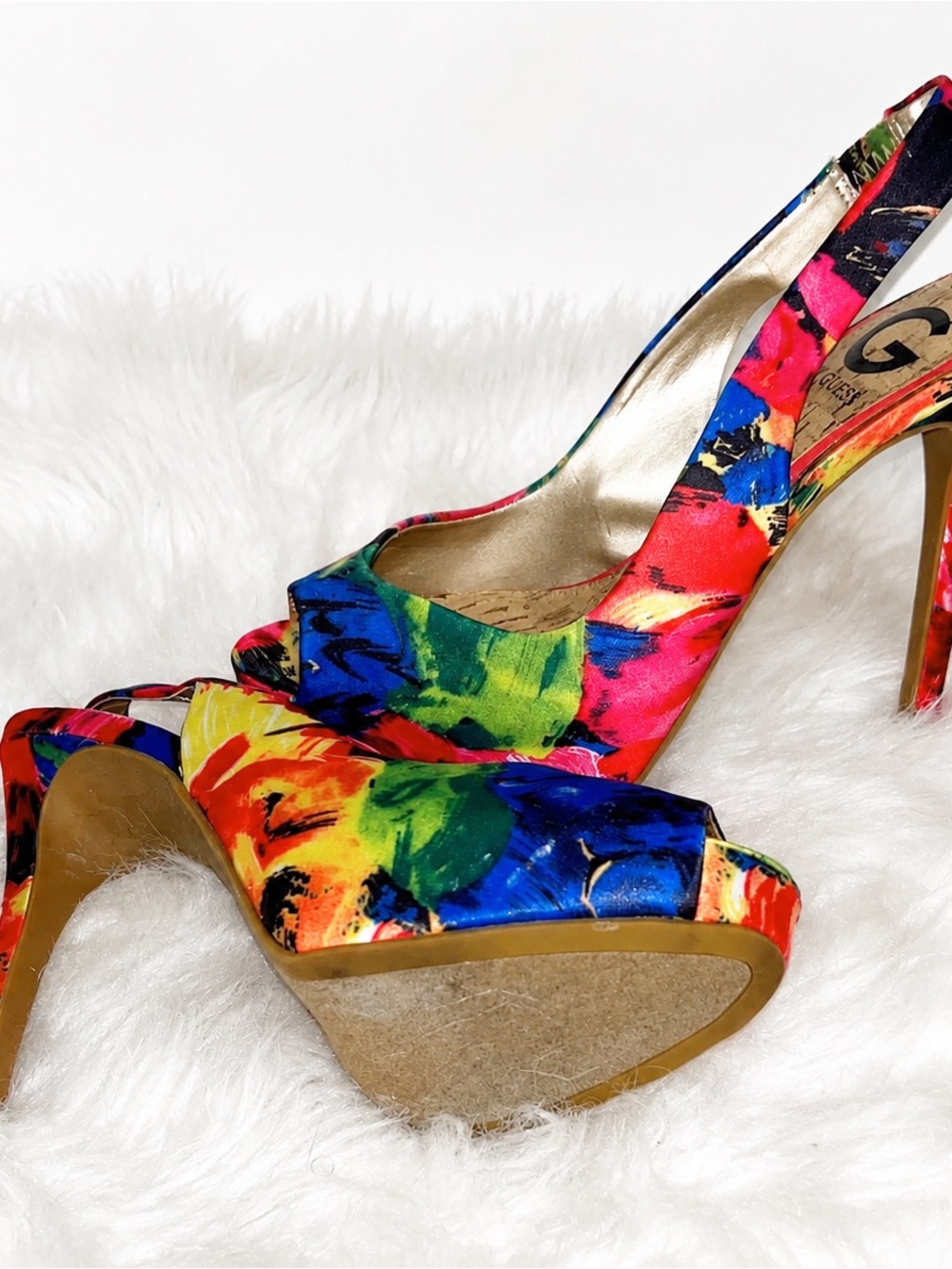 GUESS Colorful Abstract Print Peep Toe Slingback Heels